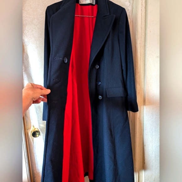Evan Picone Dark Blue Gray Wool Coat Red Lining. Vintage - Picture 6 of 13